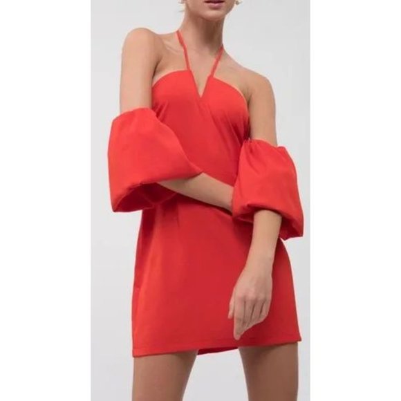 J.O.A. Red Puff Sleeve Halter Mini Dress sz M NEW - Picture 9 of 11